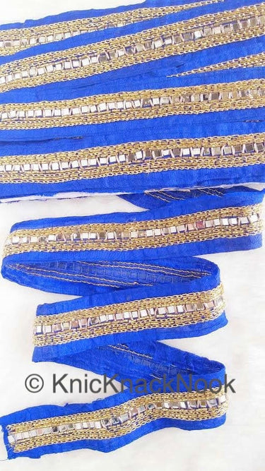 Royal Blue Fabric Trim With Mirrors Embellishments, Gold Beads and Gold Embroidery, Approx. 40mm Wide